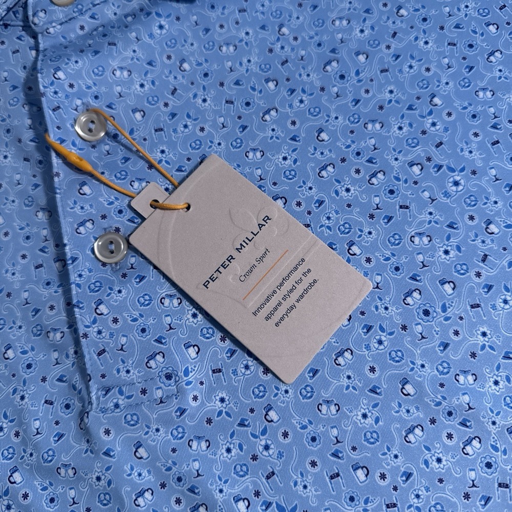 Peter Millar Summer Comfort Mens Medium Cottage Blue Prost Oktoberfest Golf Polo